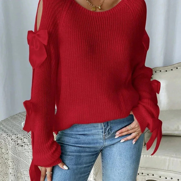 Red Casual Women's Hollow-Out Bow Decor Long Sleeve Sweater - Picture 3 of 5